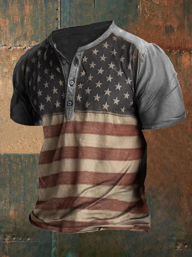 Men'sVintage American Flag Print Henley Collar T-Shirt