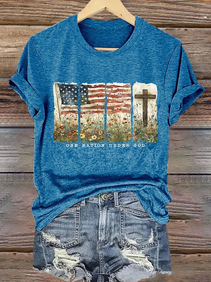 Women'S Casual One Nation Under God Faith Graphic Print Short Sleeve T-Shirt