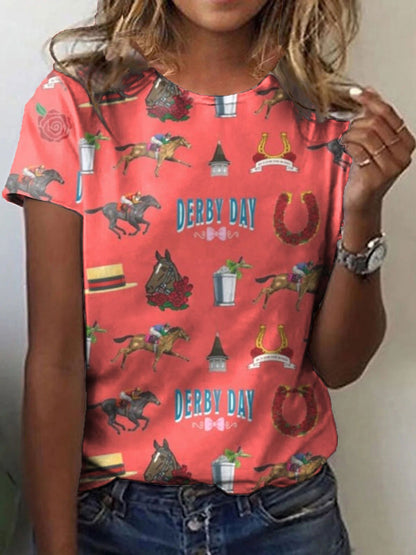 Women's Derby Horses Print Crew Neck T-Shirt