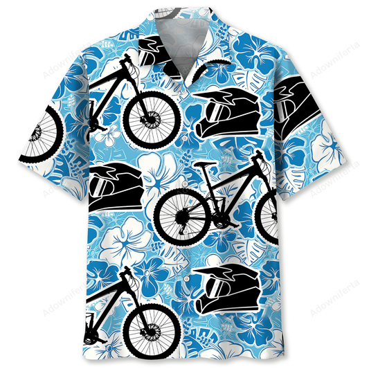 Mountain Bike Blue White Hibicus Hawaiian Shirt