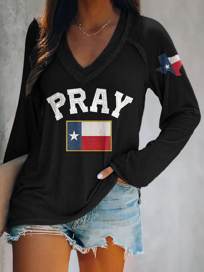 V-neck Retro Pray For Texas Texas Strong Print T-Shirt