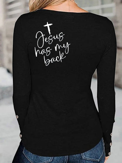 Women's Faith Love Like Jesus Jesus Has My Back Print Button Top