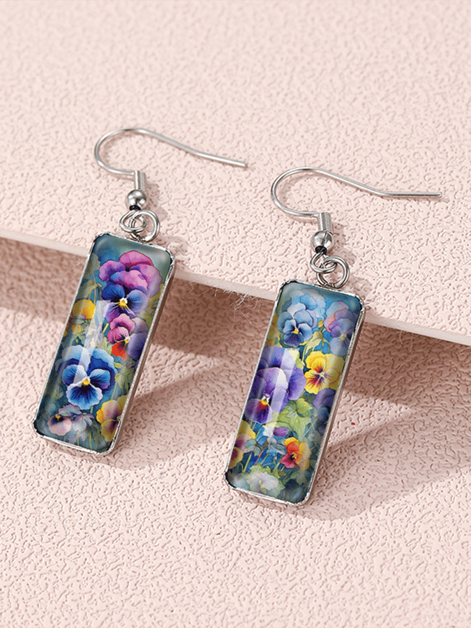 Purple Square Pansy Design Earrings