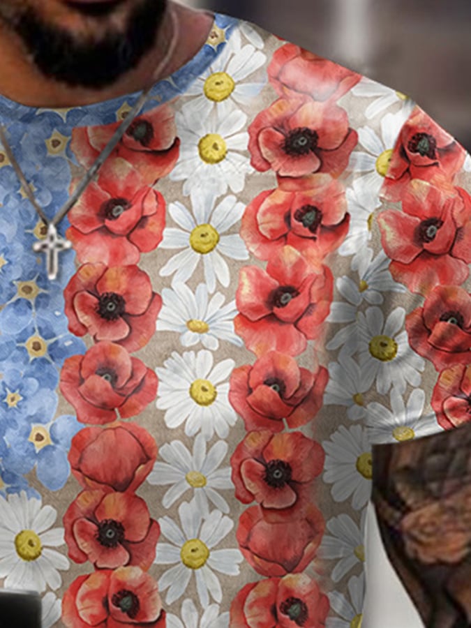 Retro Patriotic Flower Myosotis & Poppy Print T-Shirt