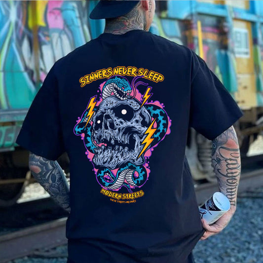 SINNERS NEVER SLEEP Skull with Snake Black Print T-shirt