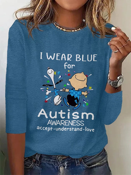 Autism Awareness I Wear Blue For Autism Long Sleeve Print T-Shirt