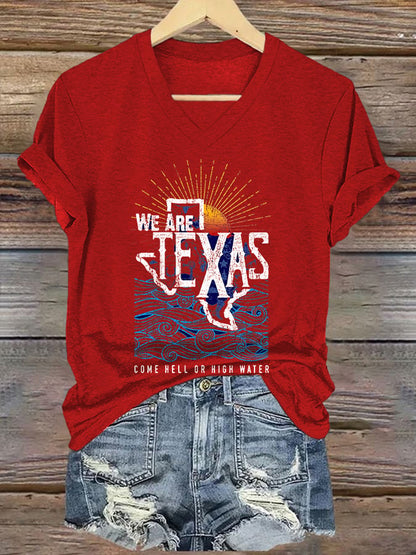V-Neck Retro Texas Strong We Are Texas Come Hell Or High Water Print T-Shirt