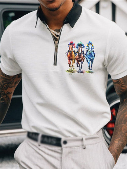 Men's Horse Racing Printed Casual Polo Shirt