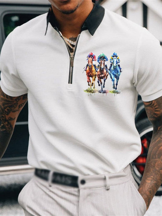 Men's Horse Racing Printed Casual Polo Shirt