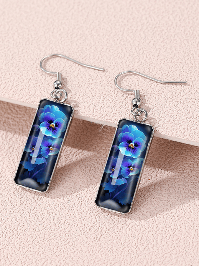Purple Square Pansy Design Earrings