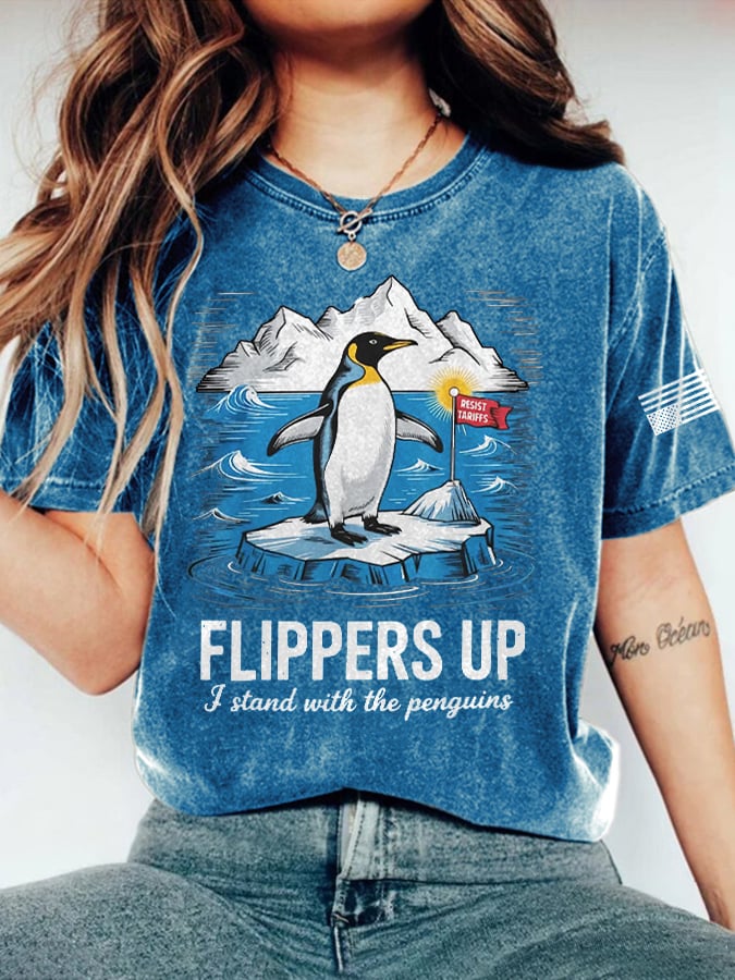 Retro Flippers Up I Stand With The Penguins Resist Tariffs Print T-Shirt