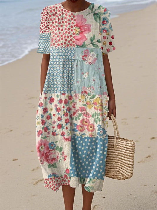 Women's Vintage Floral Print Casual Round Neck Short Sleeves Dress