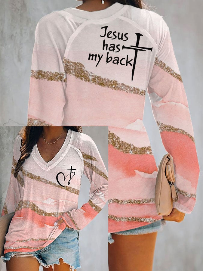 Women's Faith Jesus has my back print V-neck T-shirt