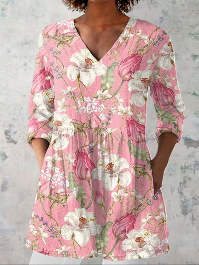 Women's Elegant Lily Floral Cotton and Linen Top