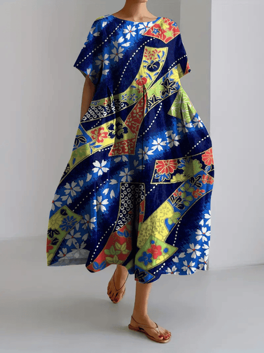 Women's Vintage Floral Print Casual Loose Dress (With Pockets)