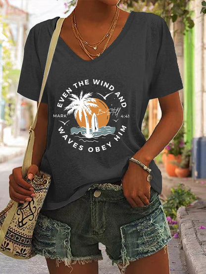 Women's Casual Christian Faith Bible Verse Palm Tree Print V-Neck Short Sleeve T-Shirt