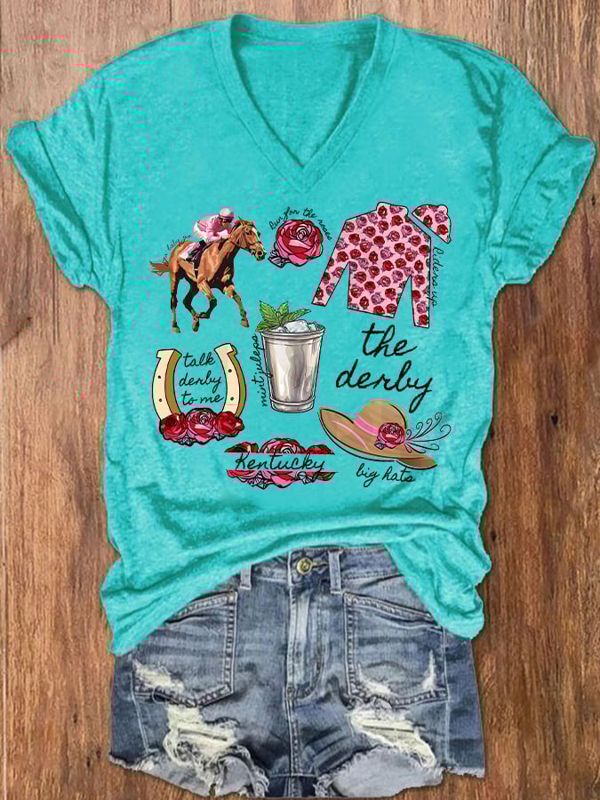 Women's Derby Horses Print V-Neck T-Shirt