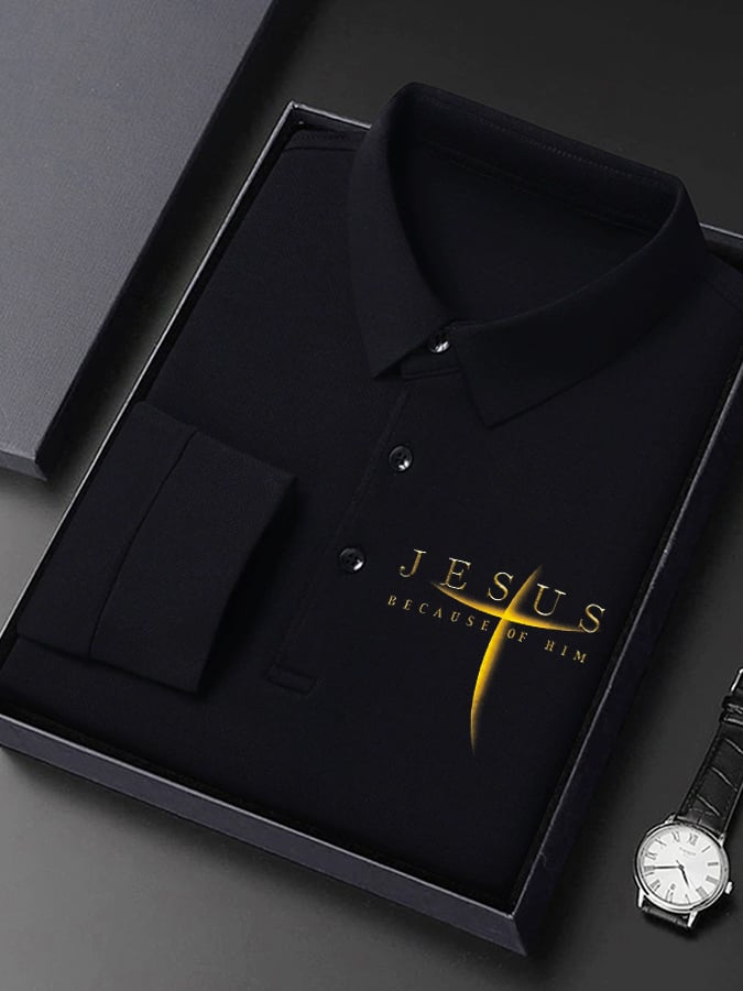 Men's Vintage Faith “Jesus Because Of Him” Long Sleeves Polo Shirt