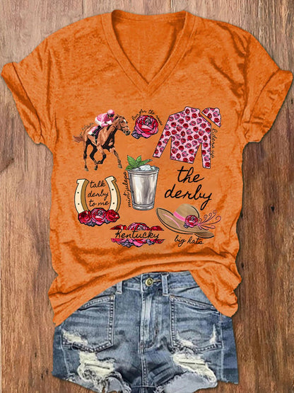 Women's Derby Horses Print V-Neck T-Shirt