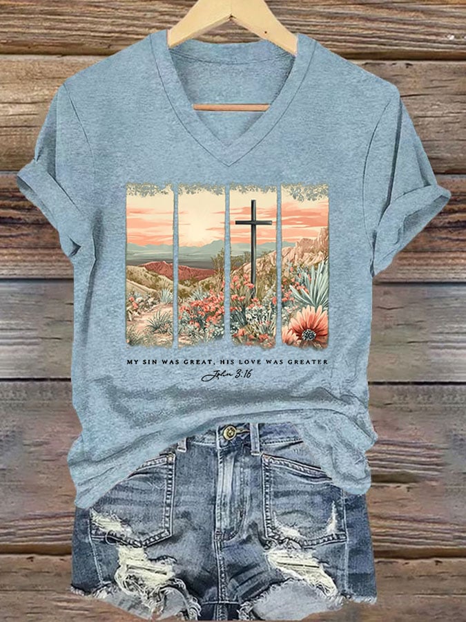 Women'S Casual My Sin Was Great His Love Was Greater Bible Verse Print Short Sleeve T-Shirt