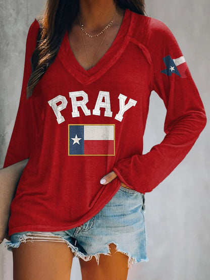V-neck Retro Pray For Texas Texas Strong Print T-Shirt