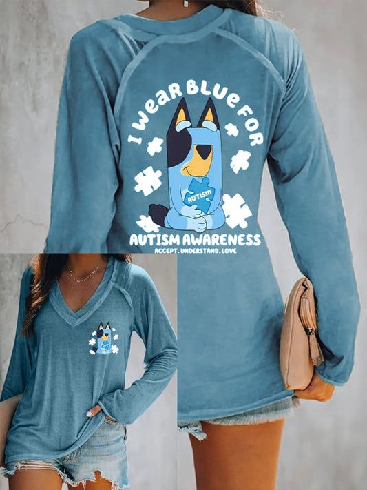 V-neck Retro Autism Awareness I Wear Blue For Autism Print T-Shirt