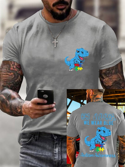 Men's Retro Fun Dinosaur Jigsaw Puzzle Autism Awareness Printed Round Neck T-Shirt