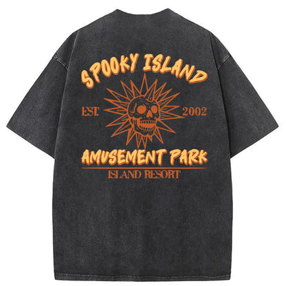 Spooky Island Cartoon Halloween Washed Cotton T-Shirt