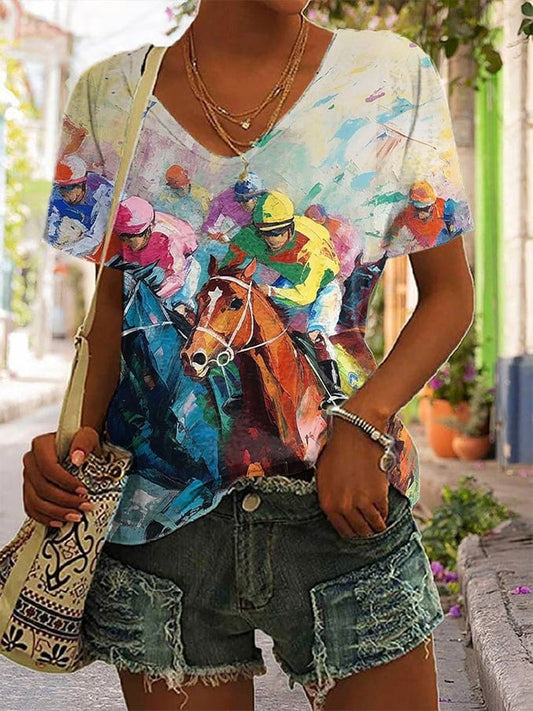 Women's Racing Horses Kenturky Print V-Neck T-Shirt