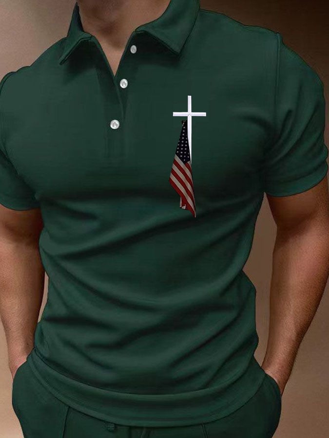 Men'S Flag Cross Print Polo Shirt