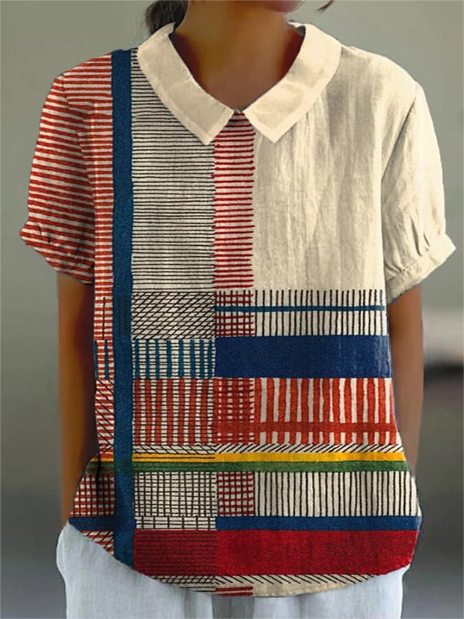 Women's Casual Retro Art Contrast Striped Print Shirt
