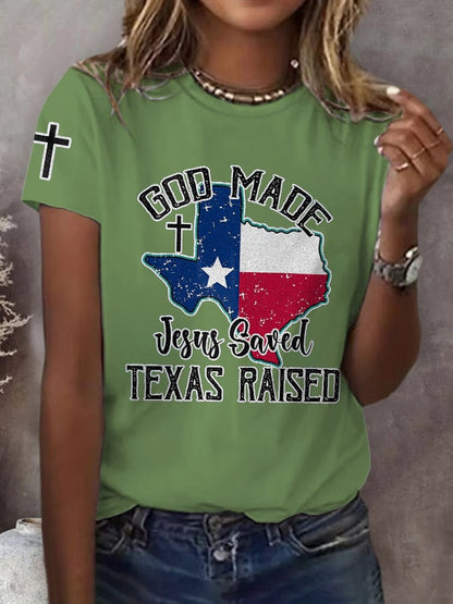 Retro Texas Strong God Made Jesus Saved Texas Print T-Shirt