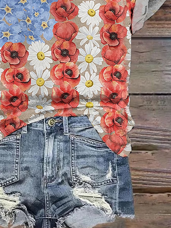 Retro Patriotic Flower Myosotis & Poppy Print T-Shirt