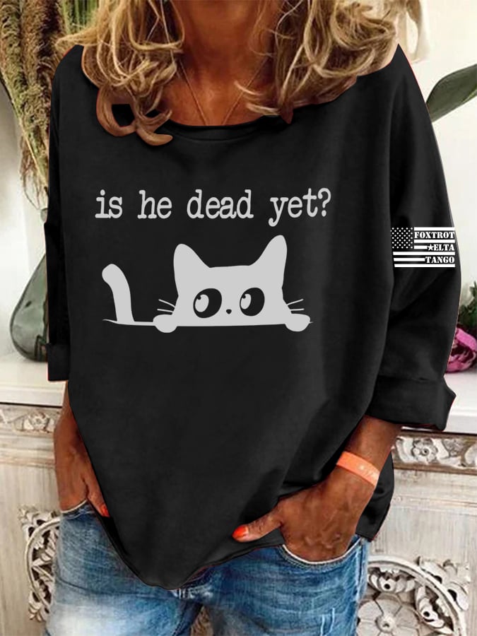 Women's Casual Long-Sleeved Round-Neck Cat Print Loose T-Shirt