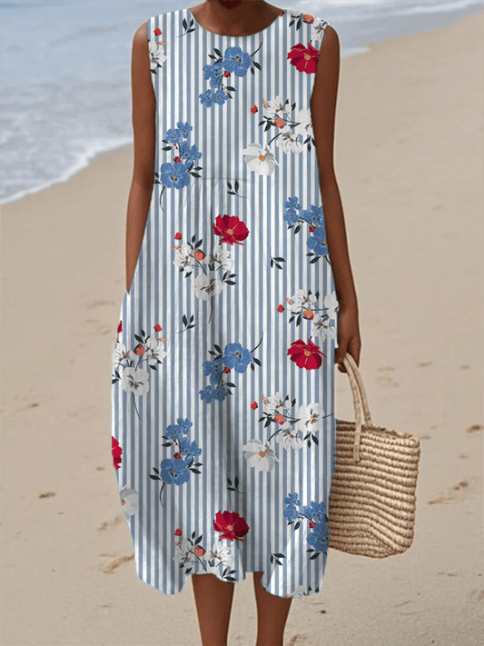 Women's Vintage Striped Floral Print Dress