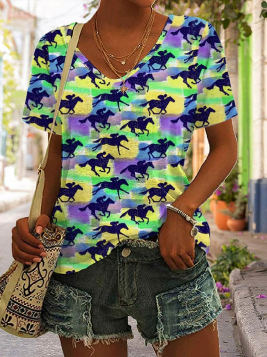 Women's Retro Kentucky Derby Print V-Neck T-Shirt