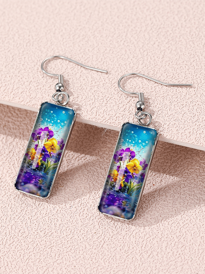 Purple Square Pansy Design Earrings