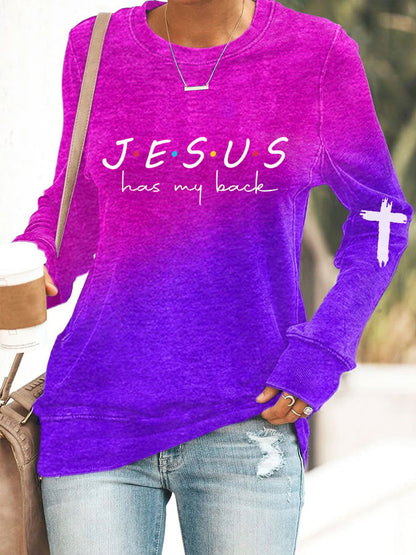 Women's Jesus Has My Back Print Casual Sweatshirt