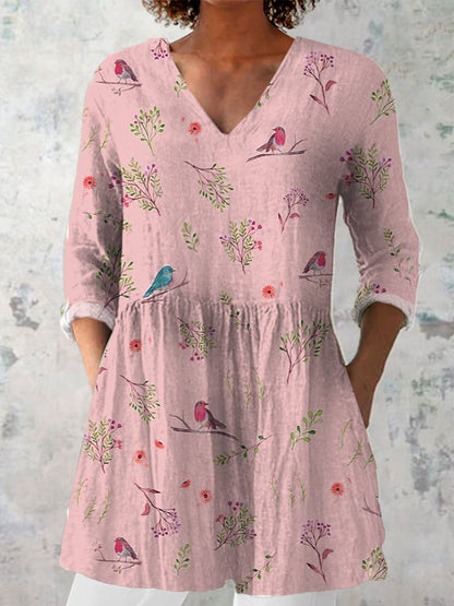Women's Casual Art Spring Bird Print Shirt