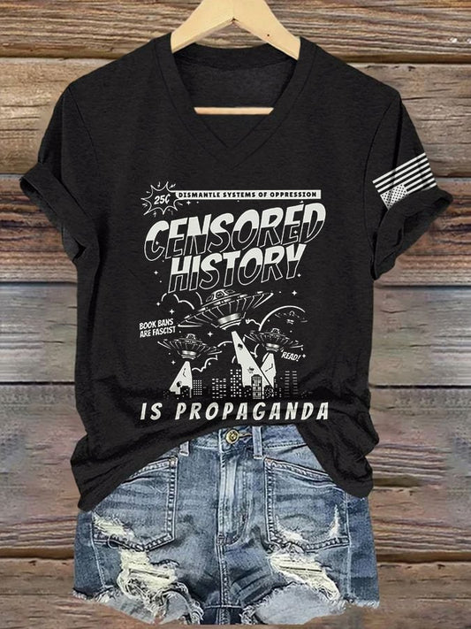 V-Neck Retro Censored History Is Propaganda Book Bans Are Fascist Protect Libraries Read Print T-Shirt