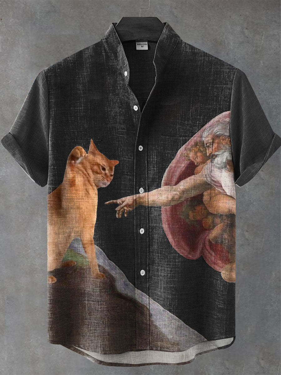 VIntage Funny Cat Art Print Casual 100% Cotton Shirt