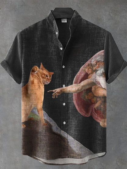VIntage Funny Cat Art Print Casual 100% Cotton Shirt