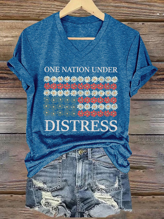🔥Last Day 49% Off🔥V-neck Retro One Nation Under Distress Print T-Shirt