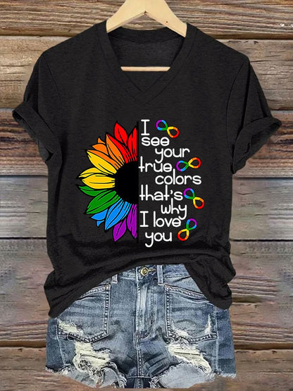 V-neck Retro Autism Awareness Infinity Symbol I See Your True Colors That's Why I Love You Print T-Shirt