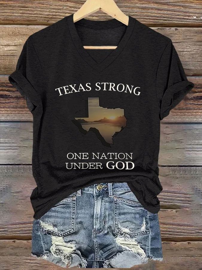 V-Neck Retro Texas Strong One Nation Under God Print T-Shirt