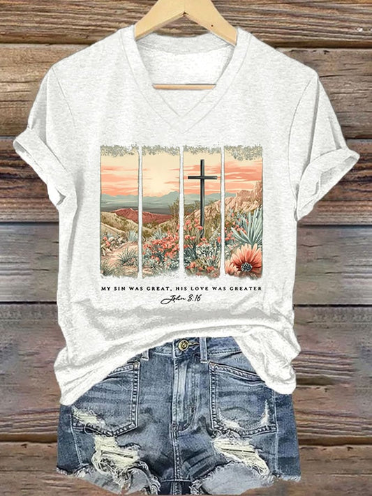 Women'S Casual My Sin Was Great His Love Was Greater Bible Verse Print Short Sleeve T-Shirt