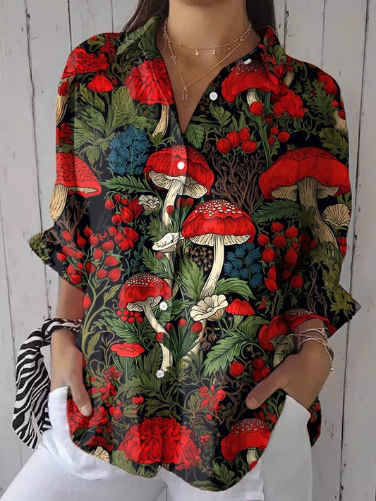 Women's casual retro forest mushroom print cotton and linen shirt