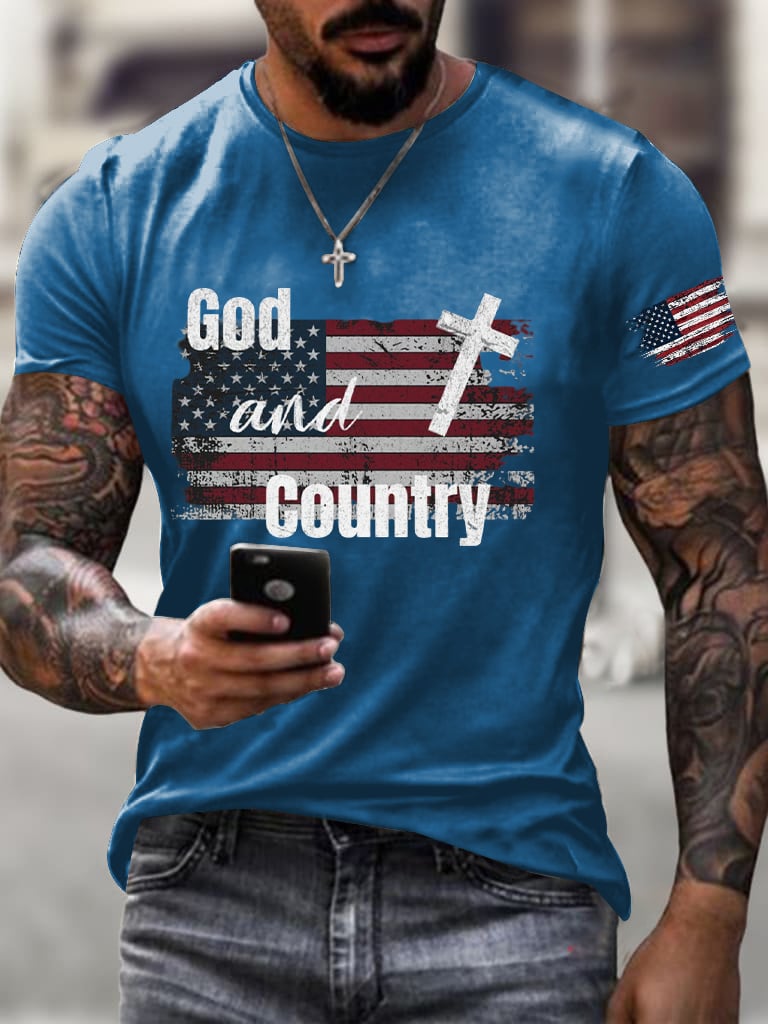 Men's Retro Independence Day Faith Printed Round Neck T-Shirt