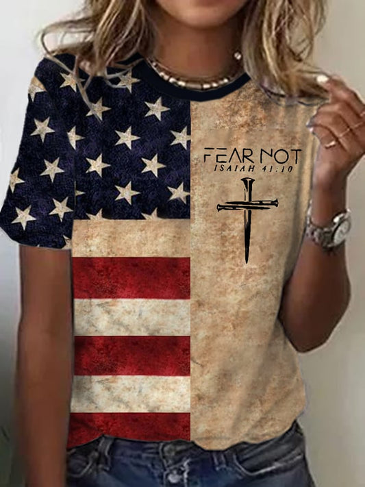 🔥Last Day 49% Off🔥Women's Retro Flag Fear Not Isaiah 41:10 Print Round Neck T-shirt