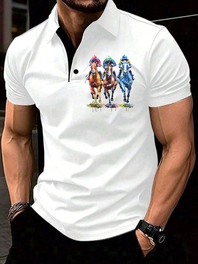 Men's Horse Racing Printed Casual Polo Shirt